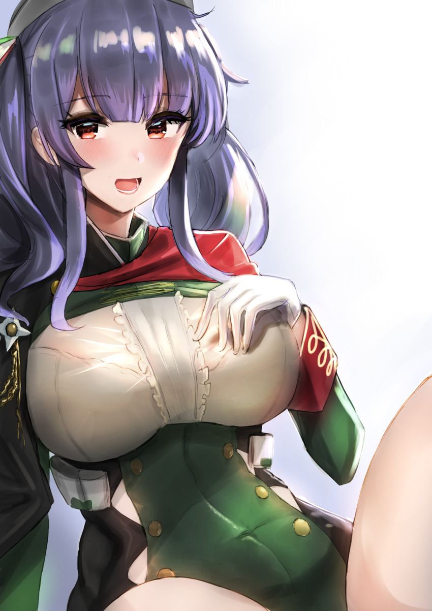 1girl, azur_lane, bare_legs, beret, black_headwear, breasts, cape, covered_navel