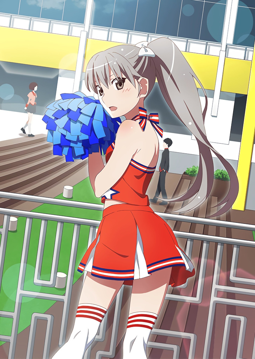 1boy, 2girls, bangs, bare_back, bare_shoulders, blush, cheerleader, faceless