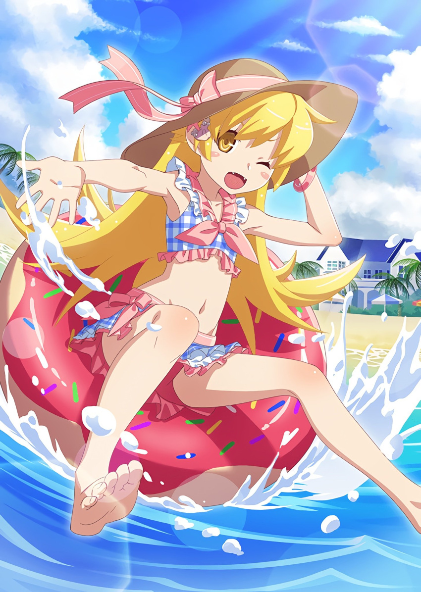 1girl, adorable, bangs, bare_legs, barefoot, beach, beach_umbrella, bikini