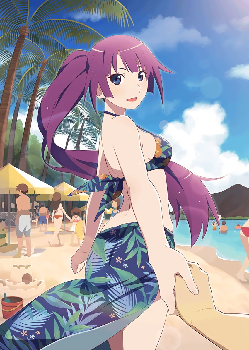 3boys, 6+girls, bangs, bare_arms, bare_back, bare_shoulders, beach, beach_umbrella