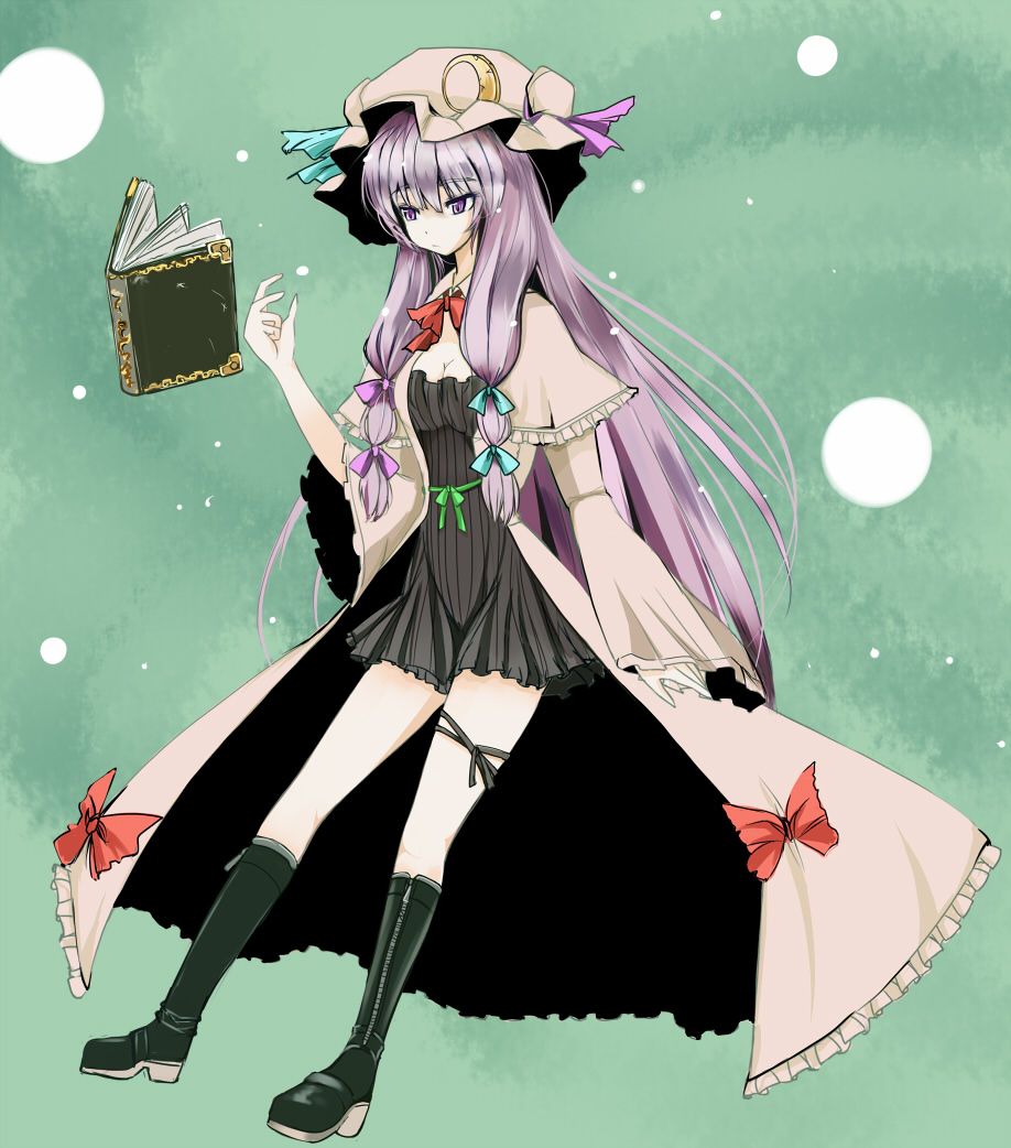 boots, hat, long_hair, patchouli_knowledge, purple_eyes, purple_hair, ribbon, ribbons