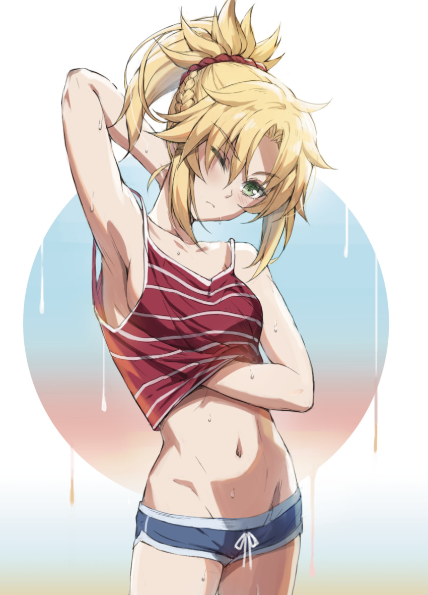 1girl, arm_up, armpits, bangs, bare_shoulders, blonde_eyebrows, blonde_hair, blue_shorts
