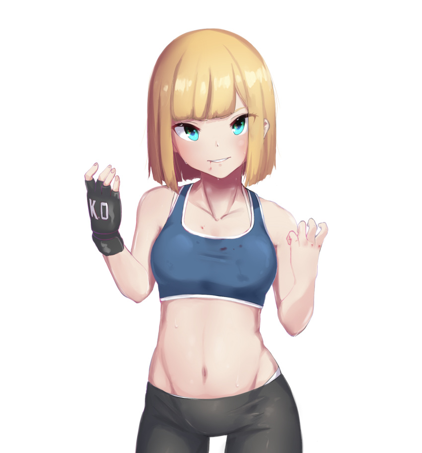 1girl, aqua_eyes, bangs, bare_shoulders, black_gloves, black_pants, blonde_hair, blue_bra, bra, breasts, collarbone, fate_(series), fingerless_gloves, gloves, highres, kofucchi, looking_at_viewer, lord_el-melloi_ii_case_files, pants, reines_el-melloi_archisorte, short_hair, simple_background, single_glove, small_breasts, smile, solo, sports_bra, tight, tight_pants, underwear, white_background, yoga_pants, younger