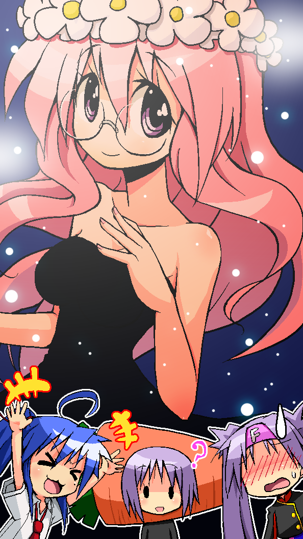 ?, cosplay, endou_aya, glasses, hiiragi_kagami, hiiragi_tsukasa, izumi_konata, klan_klein, klan_klein_(cosplay), lucky_star, macross, macross_frontier, parody, ranka_lee, ranka_lee_(cosplay), saotome_alto, saotome_alto_(cosplay), seiyuu_connection, seiyuu_joke, sheryl_nome, sheryl_nome_(cosplay), shirono, sweatdrop, takara_miyuki