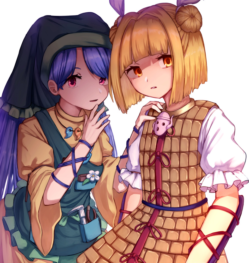 2girls, apron, arm_ribbon, arm_up, armor, arms_at_sides, arms_up, bangs