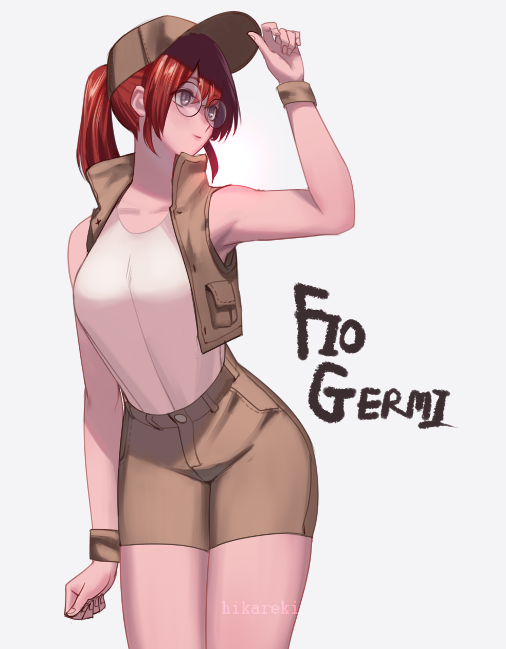 1girl, artist_name, bangs, bracelet, brown_eyes, brown_pants, brown_shirt, brown_vest, character_name, clenched_hand, collared_shirt, fio_germi, glasses, hat, highres, hikareki, jewelry, metal_slug, neo_geo, pants, ponytail, redhead, shirt, shirt_tucked_in, shorts, simple_background, snk, thighs, vest, watermark, white_background, white_shirt