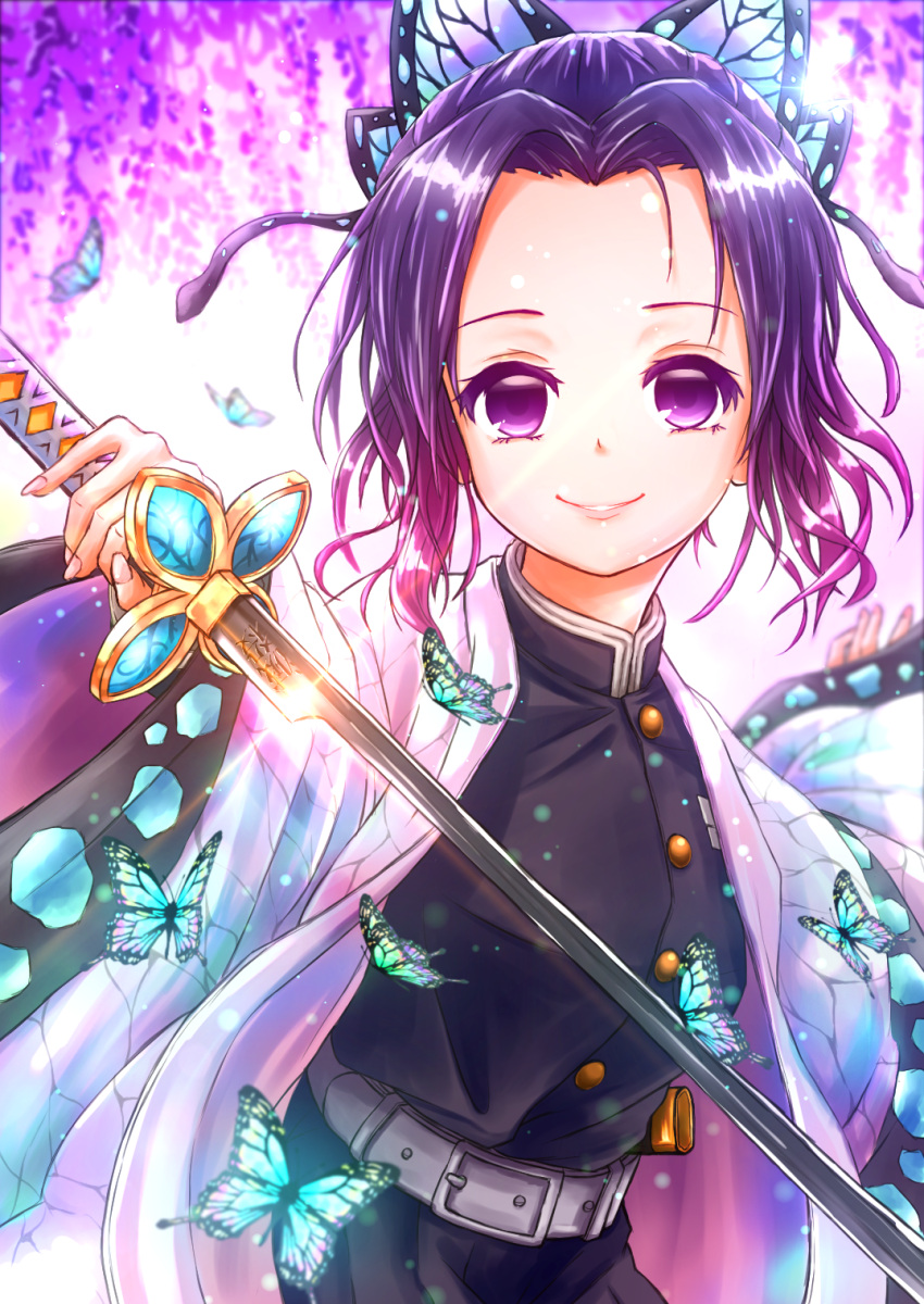 1girl, arm_behind_back, arm_up, belt, blue_hair, blurry, bug, butterfly, coat, commentary_request, contrapposto, depth_of_field, fingernails, flower, forehead, gradient_hair, grin, hair_intakes, hair_ribbon, haori, highres, holding, holding_sword, holding_weapon, insect, japanese_clothes, kimetsu_no_yaiba, kochou_shinobu, long_sleeves, looking_at_viewer, masa-o, multicolored_hair, open_clothes, open_coat, parted_lips, purple_hair, ribbon, scabbard, sheath, short_hair, smile, solo, sword, uniform, violet_eyes, weapon, white_background, wisteria