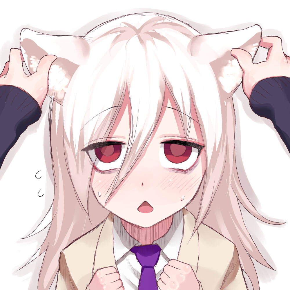 1girl, albino, animal_ears, bags_under_eyes, cat_ears, chestnut_mouth, commentary, female_pov