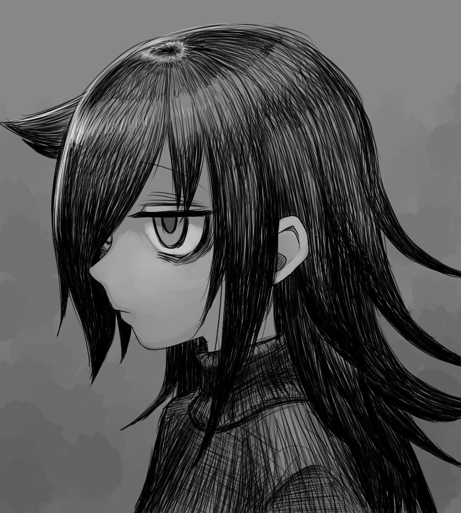 1girl, bags_under_eyes, from_side, greyscale, hair_over_one_eye, koma_neko, kuroki_tomoko, monochrome, solo, sweater, turtleneck, turtleneck_sweater, watashi_ga_motenai_no_wa_dou_kangaetemo_omaera_ga_warui!