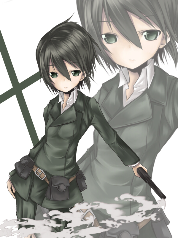 androgynous, bad_id, bag, belt, black_hair, green_eyes, gun, kino