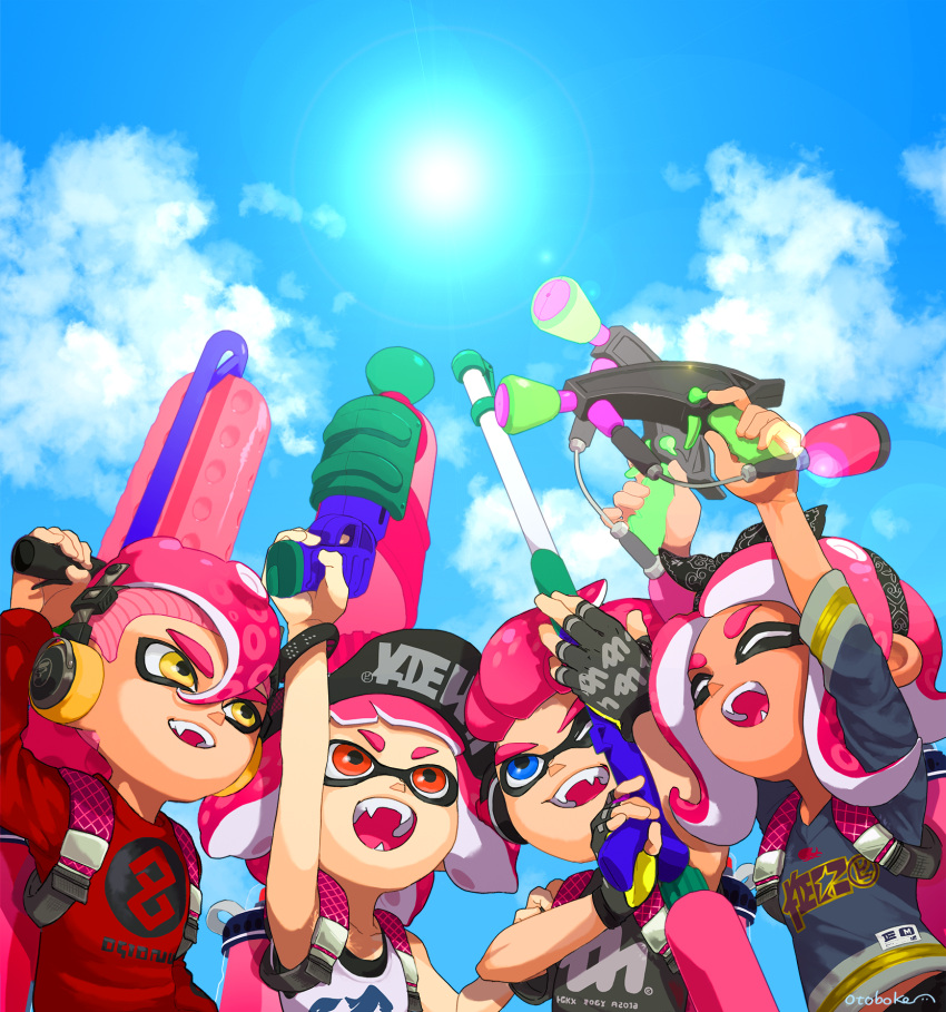 2boys, 2girls, arms_up, artist_name, bandana, bangs, baseball_cap, basketball_jersey