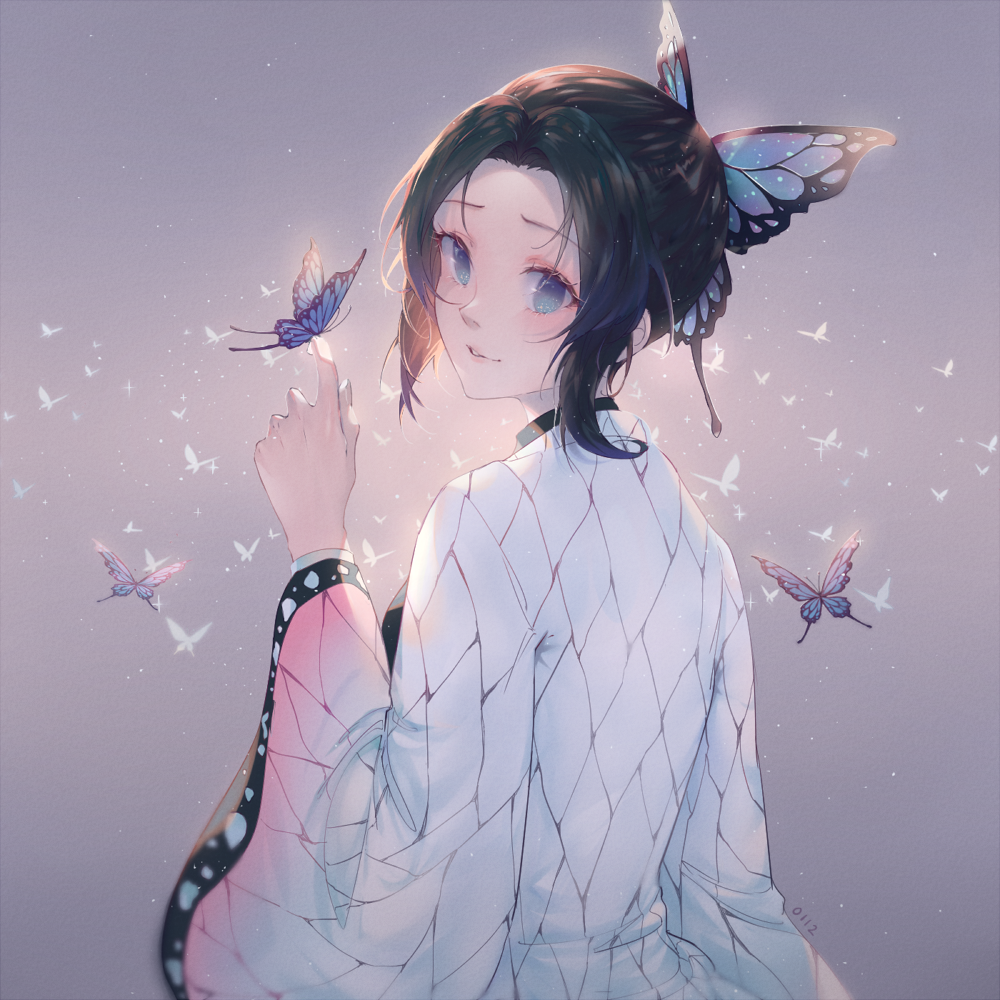 1girl, animal_print, back, bangs, black_hair, blue_eyes, bug, butterfly