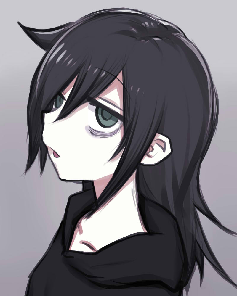 1girl, bags_under_eyes, grey_background, hair_between_eyes, hair_over_one_eye, hood, hoodie, koma_neko, kuroki_tomoko, looking_at_viewer, looking_to_the_side, open_mouth, simple_background, solo, watashi_ga_motenai_no_wa_dou_kangaetemo_omaera_ga_warui!