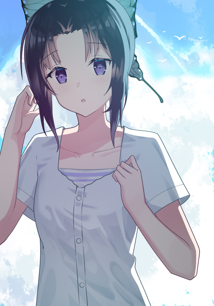 1girl, :o, bangs, black_hair, blue_eyes, butterfly_hair_ornament, collarbone, commentary_request, day, eyebrows_visible_through_hair, hair_ornament, highres, kimetsu_no_yaiba, kochou_shinobu, looking_at_viewer, nagisa_(cxcx5235), outdoors, shirt, solo, striped, striped_shirt, upper_body, white_shirt