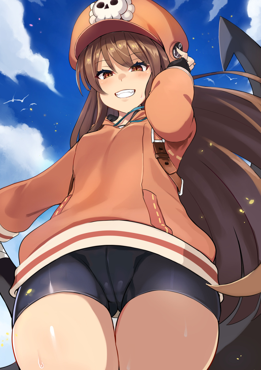 1girl, :d, anchor, anchor_symbol, arm_up, ass_visible_through_thighs, backpack, bag, bangs, bike_shorts, bird, black_gloves, black_shorts, blue_sky, blush, breasts, brown_eyes, brown_hair, cabbie_hat, clouds, day, dress, eyebrows_visible_through_hair, fangs, fingerless_gloves, from_below, gloves, grin, guilty_gear, hat, highres, long_hair, long_sleeves, looking_at_viewer, looking_down, may_(guilty_gear), onigensou, open_mouth, orange_dress, orange_headwear, outdoors, short_dress, shorts, skull, sky, small_breasts, smile, solo, sweat, teeth, thigh_gap, thighs, upskirt, very_long_hair