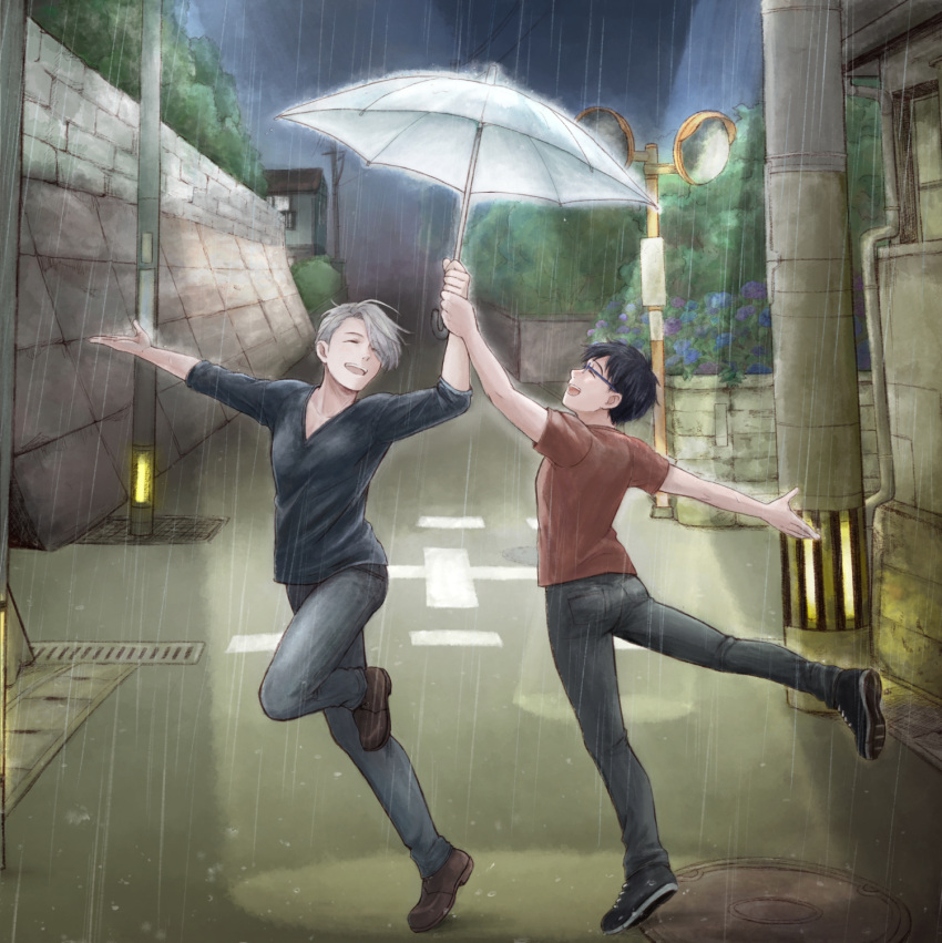 2boys, ^_^, black_hair, blue-framed_eyewear, closed_eyes, dancing, denim, flower, glasses, highres, hydrangea, jeans, katsuki_yuuri, male_focus, manhole, multiple_boys, open_mouth, pants, rain, road, shared_umbrella, shirt, silver_hair, smile, spotlight, standing, standing_on_one_leg, street, t-shirt, takeshi_(mononohu20), umbrella, viktor_nikiforov, yuri!!!_on_ice