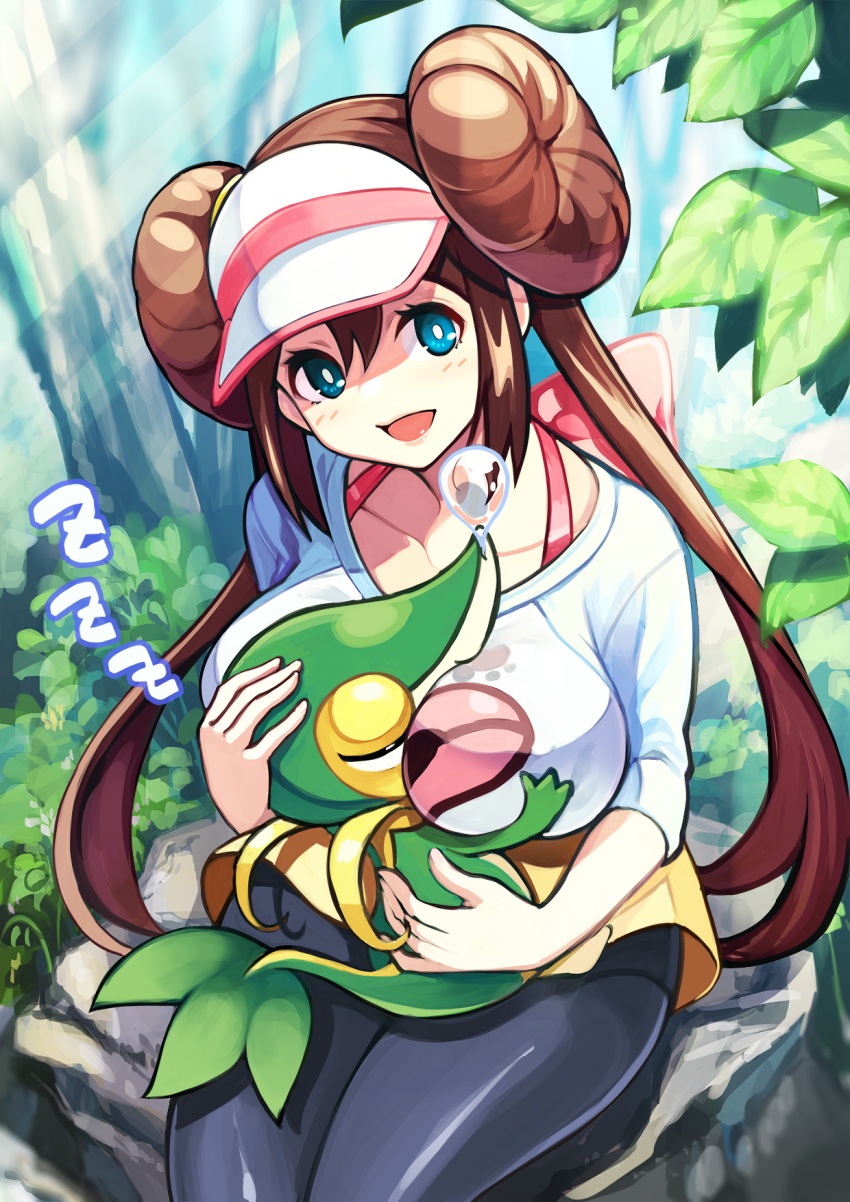 1girl, :d, between_breasts, blue_eyes, bow, bra_strap, breast_grab, breast_smother