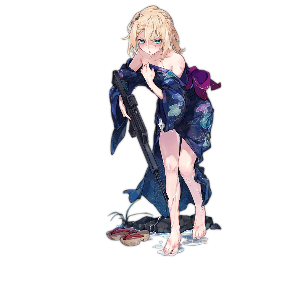 1girl, alternate_costume, alternate_hairstyle, assault_rifle, bamboo, bangs, barefoot, blonde_hair