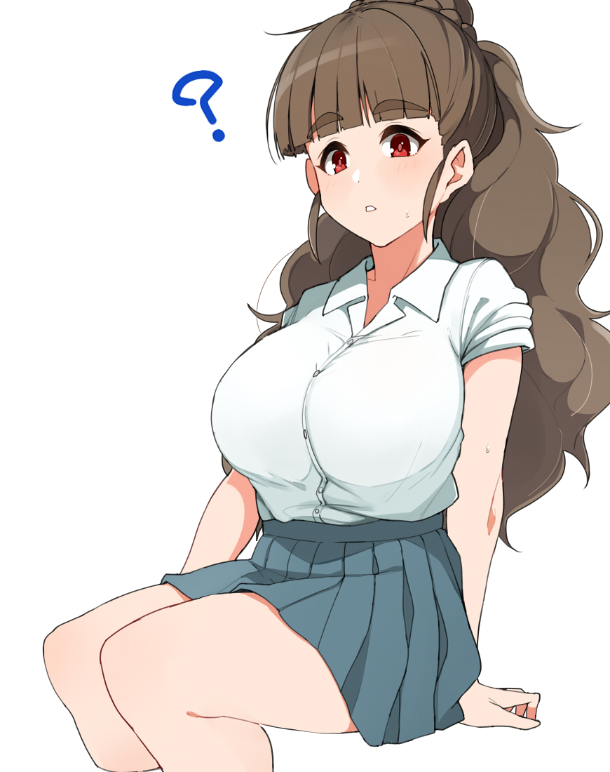 1girl, ?, bangs, blush, breasts, brown_hair, commentary_request, green_skirt