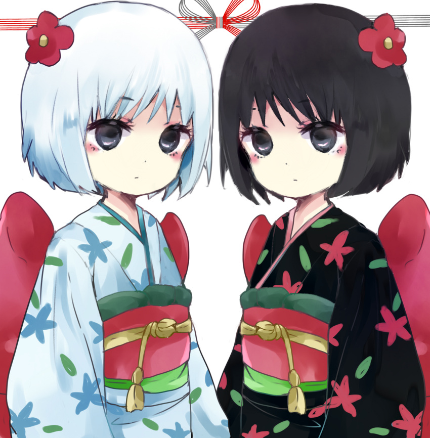 2girls, black_eyes, black_hair, black_kimono, blue_hair, blue_kimono, blush, closed_mouth