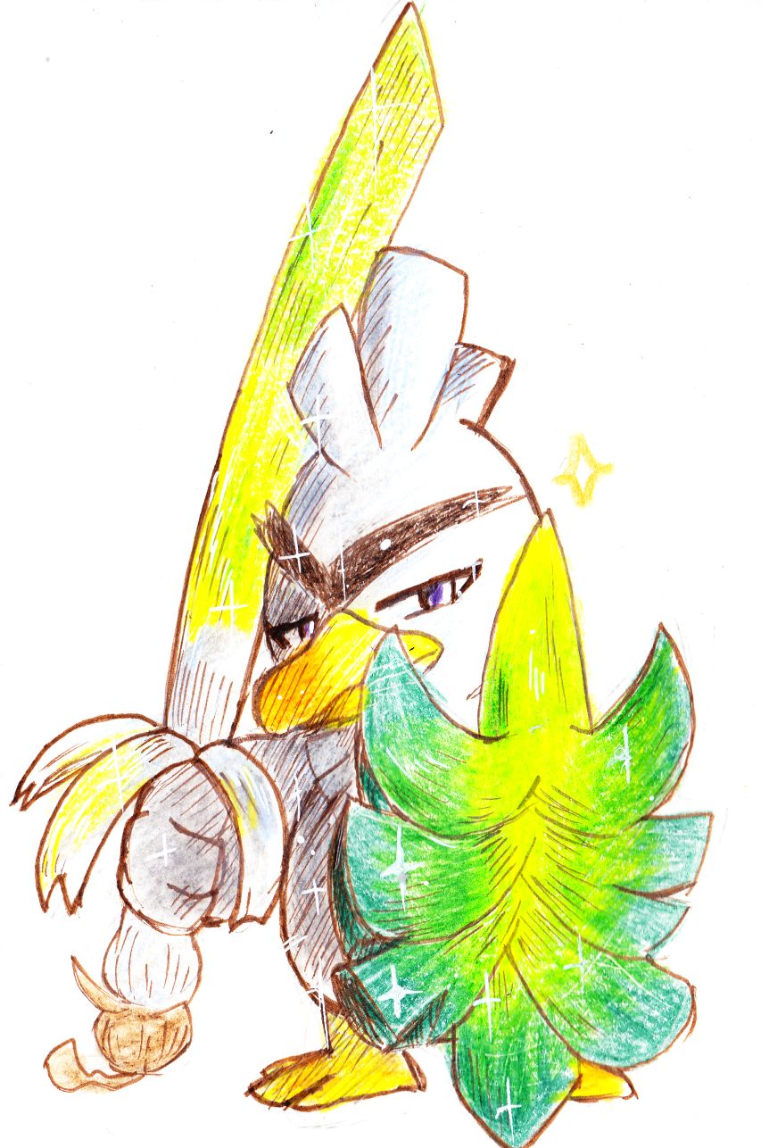 bird, blue_eyes, duck, gen_8_pokemon, highres, kirin1204, no_humans, pokemon, pokemon_(creature), polearm, shield, simple_background, sirfetch'd, sparkle, spring_onion, weapon, white_background