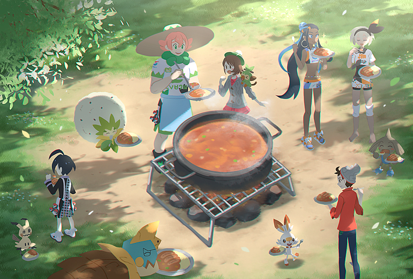 1girl, ^_^, apron, bangs, barefoot, black_hair, blue_eyes, blue_hair, brown_hair, cardigan, closed_eyes, curry, curry_rice, dark_skin, day, drednaw, earrings, eating, eldegoss, facing_away, female_protagonist_(pokemon_swsh), food, from_above, gen_3_pokemon, gen_7_pokemon, gen_8_pokemon, gloves, grass, green_headwear, grey_cardigan, grookey, gym_leader, hairband, hat, hitmontop, hoop_earrings, jewelry, knee_pads, long_hair, long_sleeves, looking_at_another, male_protagonist_(pokemon_swsh), midriff, mimikyu, multicolored_hair, nin_(female), open_mouth, orange_hair, outdoors, pants, plate, poke_ball, poke_ball_(generic), pokemon, pokemon_(creature), pokemon_(game), pokemon_swsh, pot, rice, rurina_(pokemon), saitou_(pokemon), scorbunny, shoes, short_hair, short_shorts, short_sleeves, shorts, smile, sneakers, sonia_(pokemon), standing, steam, sun_hat, tam_o'_shanter, tree, two-tone_hair, very_long_hair, white_footwear, yarrow_(pokemon)