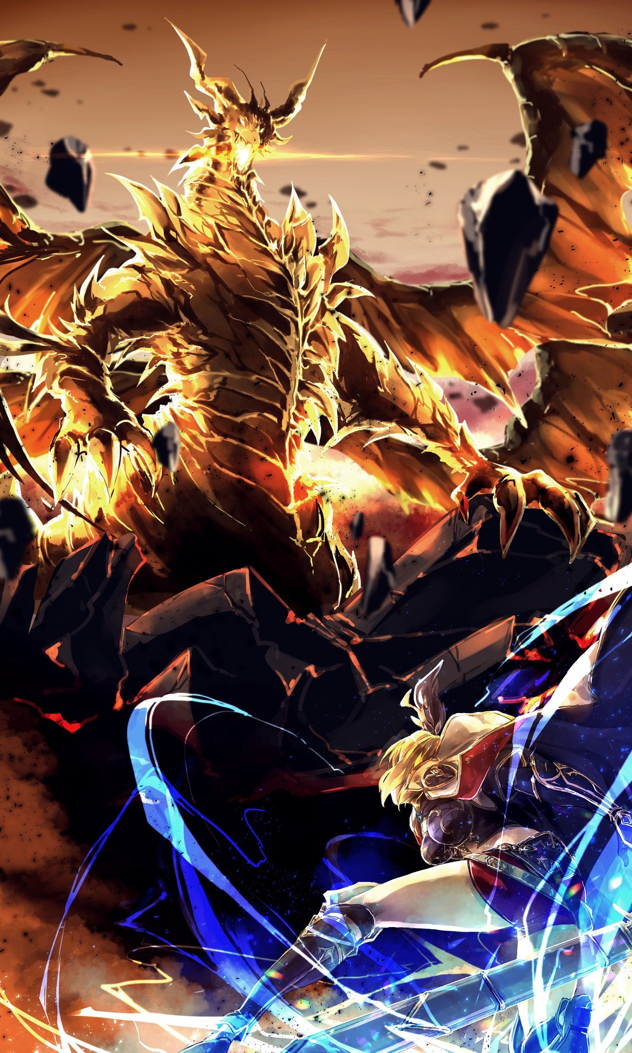 1girl, aura, bahamut_(shingeki_no_bahamut), battle, belt, blonde_hair, claws, clouds
