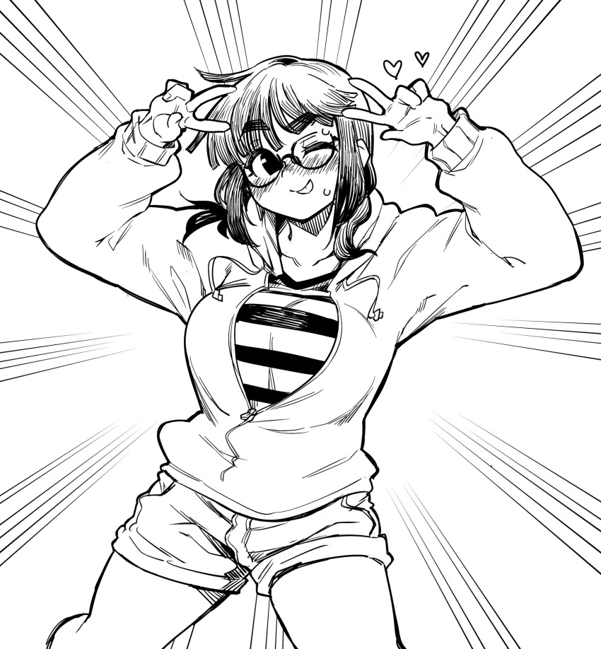1girl, ;p, bangs, double_v, eyebrows_visible_through_hair, fukumaaya, glasses, greyscale
