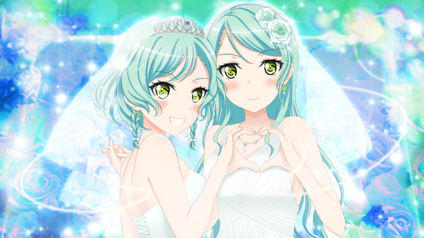 2girls, aqua_hair, bang_dream!, blush, braid, bridal_veil, bride, commentary_request, dress, earrings, eyebrows_visible_through_hair, flower, green_eyes, grin, hair_flower, hair_ornament, heart, heart_hands, heart_hands_duo, highres, hikawa_hina, hikawa_sayo, incest, jewelry, long_hair, medium_hair, multiple_girls, necklace, rose, shimmy_(2464530), siblings, sisters, smile, tiara, twin_braids, twins, upper_body, veil, wedding, wedding_dress, white_dress, wife_and_wife, yuri