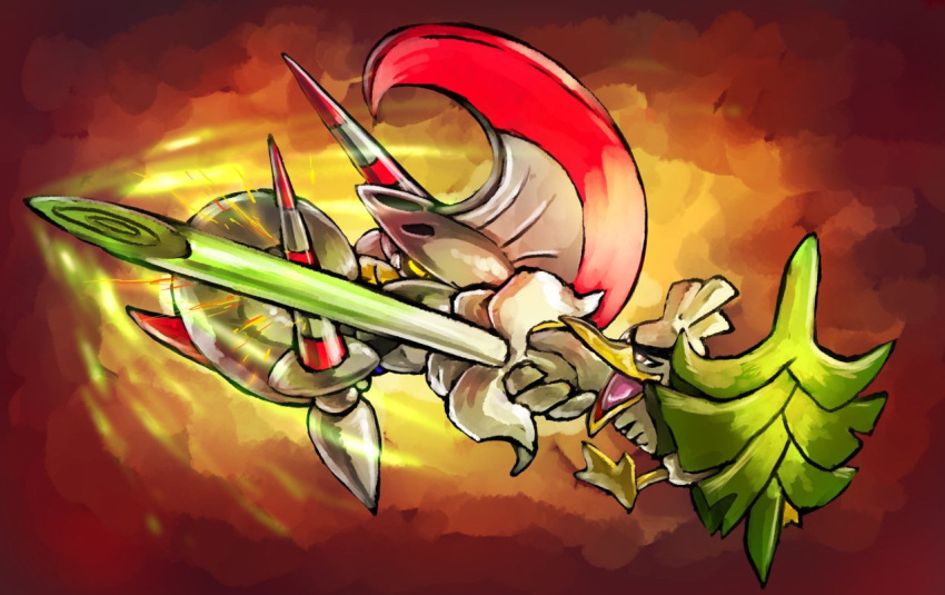 bird, duck, escavalier, gen_5_pokemon, gen_8_pokemon, helmet, holding_shield, kaosu_(kaosu0905), lance, no_humans, open_mouth, pokemon, pokemon_(creature), pokemon_(game), polearm, red_background, shield, simple_background, sirfetch'd, solo, sparks, spring_onion, thick_eyebrows, unibrow, weapon, white_feathers