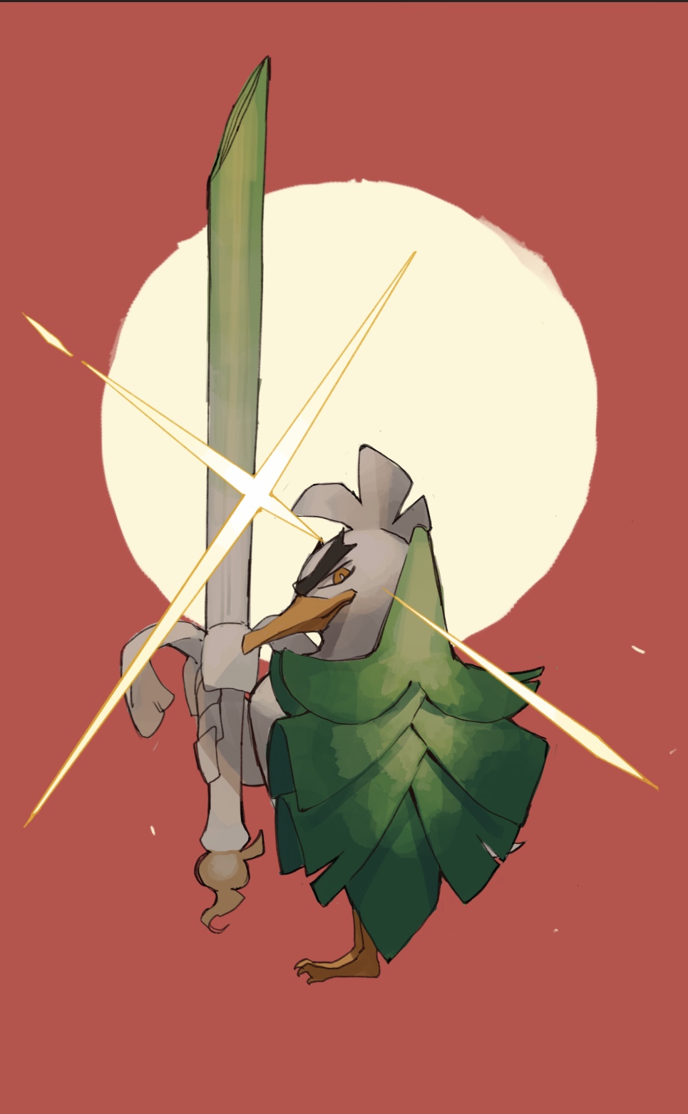 bird, bird_focus, brown_eyes, duck, gen_8_pokemon, highres, holding, holding_shield, holding_weapon, lance, modoki, no_humans, pokemon, pokemon_(creature), pokemon_(game), pokemon_swsh, polearm, red_background, shield, simple_background, sirfetch'd, solo, sparkle, spring_onion, standing, thick_eyebrows, unibrow, weapon, white_feathers