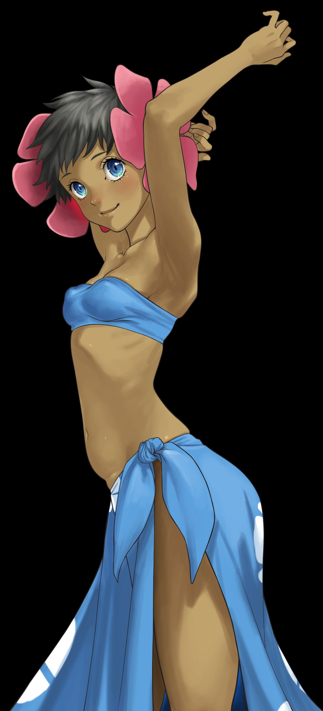 1girl, absurdres, armpits, arms_up, belly, black_background, black_hair, blue_eyes