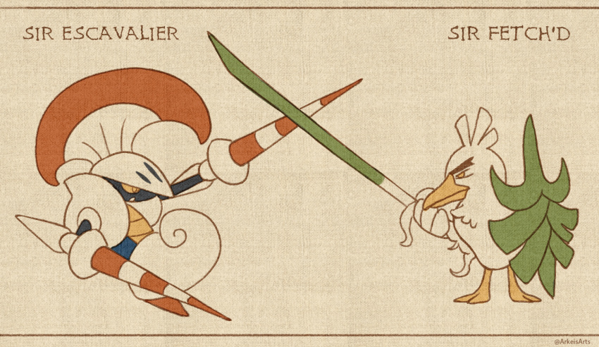 arkeis-pokemon, artist_name, battle, bird, brown_eyes, character_name, duck, escavalier, gen_5_pokemon, gen_8_pokemon, helmet, holding, holding_shield, holding_weapon, lance, no_humans, pokemon, pokemon_(creature), polearm, shield, sirfetch'd, spring_onion, thick_eyebrows, weapon, yellow_eyes