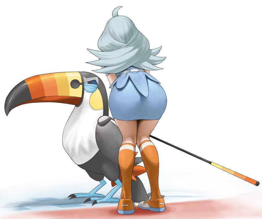1girl, absurdres, ahoge, ass, bird, blue_skirt, commentary_request, elite_four