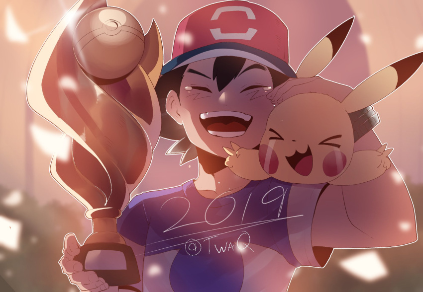 >_<, 1boy, 2019, animal, animal_on_shoulder, baseball_cap, commentary, double_v, english_commentary, happy_tears, hat, highres, pikachu, pokemon, pokemon_(anime), pokemon_(creature), pokemon_sm139, pokemon_sm_(anime), satoshi_(pokemon), spoilers, tears, thiccwithaq, trophy, v