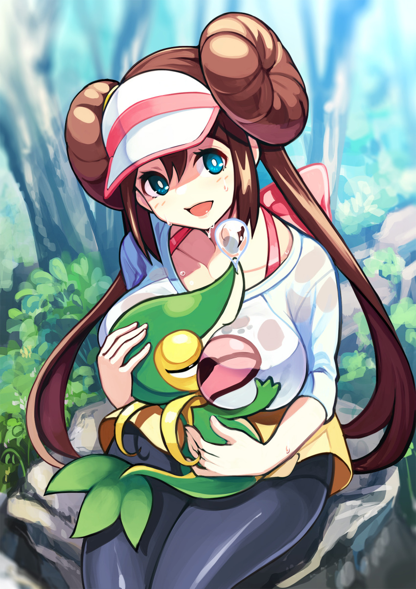 1girl, :d, between_breasts, blue_eyes, bow, bra_strap, breast_grab, breast_smother