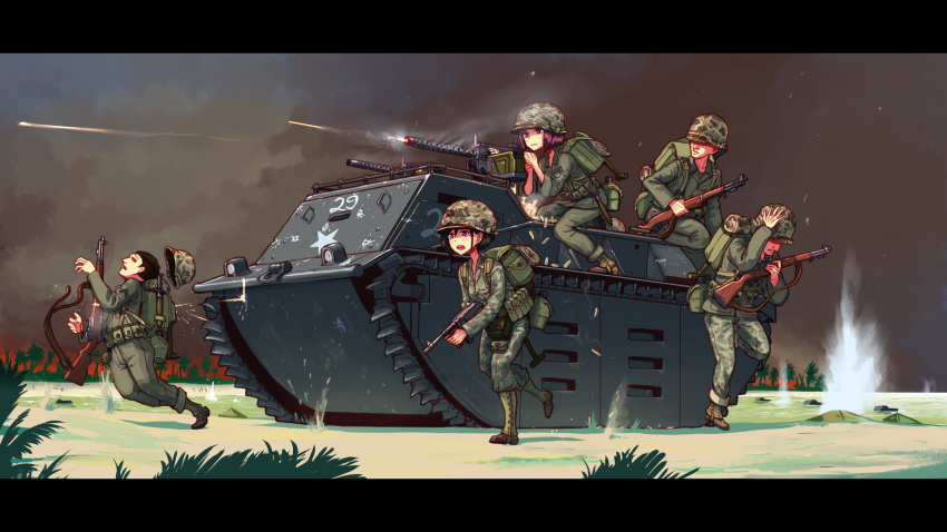 2girls, 3boys, ammunition_pouch, amphibious_ground_vehicle, armored_vehicle, backpack, bag, beach, black_hair, blood, brown_hair, browning_m1919, canteen, caterpillar_tracks, commentary, corpse, death, entrenching_tool, erica_(naze1940), falling, firing, gaiters, ground_vehicle, gun, hand_on_headwear, helmet, highres, injury, kneeling, letterboxed, load_bearing_equipment, lvt-1_alligator, m1_garand, machine_gun, military, military_vehicle, multiple_boys, multiple_girls, ocean, original, palm_tree, pouch, purple_hair, rifle, running, short_hair, sky, smoke, soldier, submachine_gun, thompson_submachine_gun, tree, united_states_marine_corps, war, water, weapon, world_war_ii