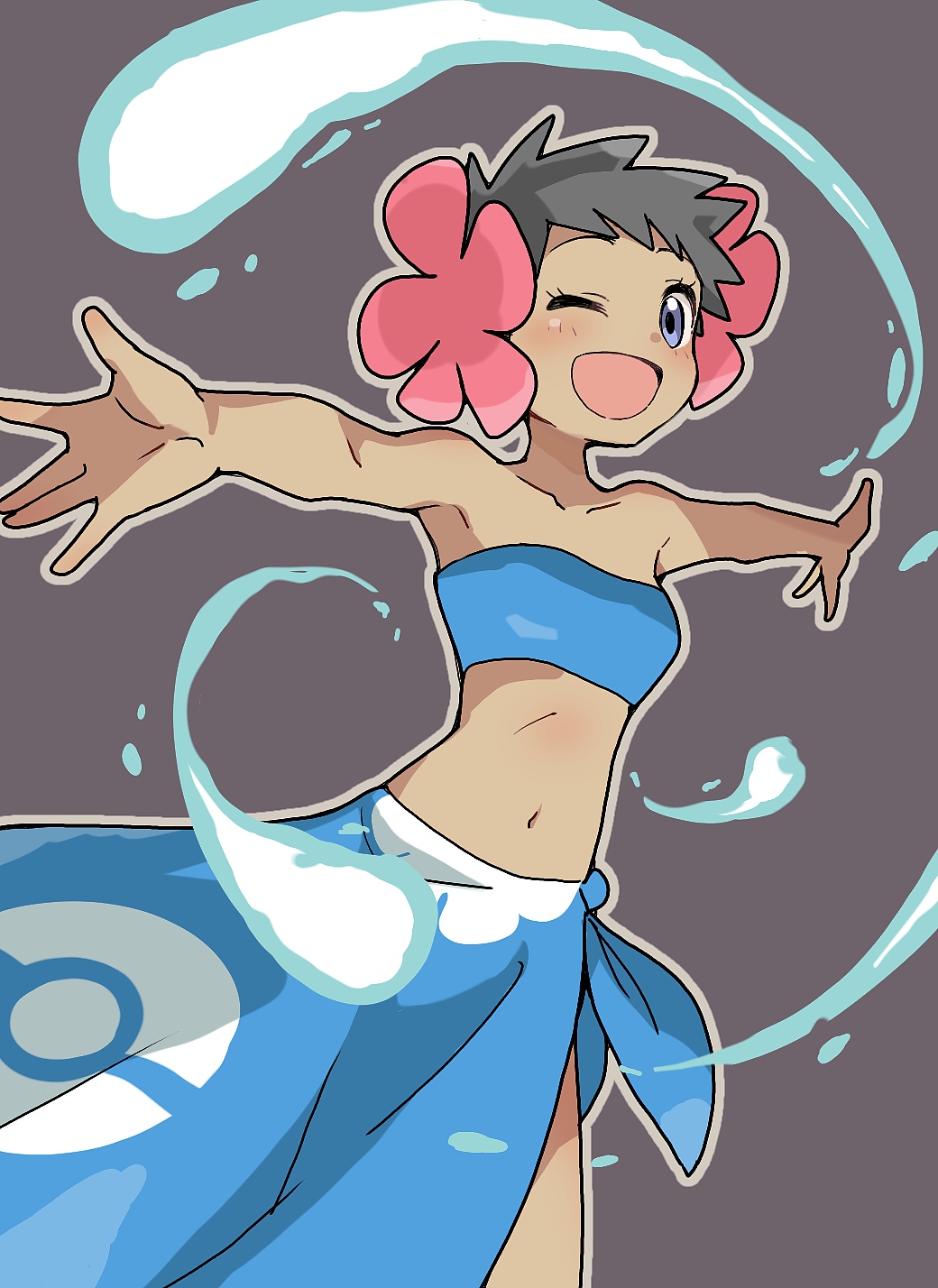 1girl, arms_up, bangs, bare_shoulders, black_hair, blue_hair, blue_sarong, blush