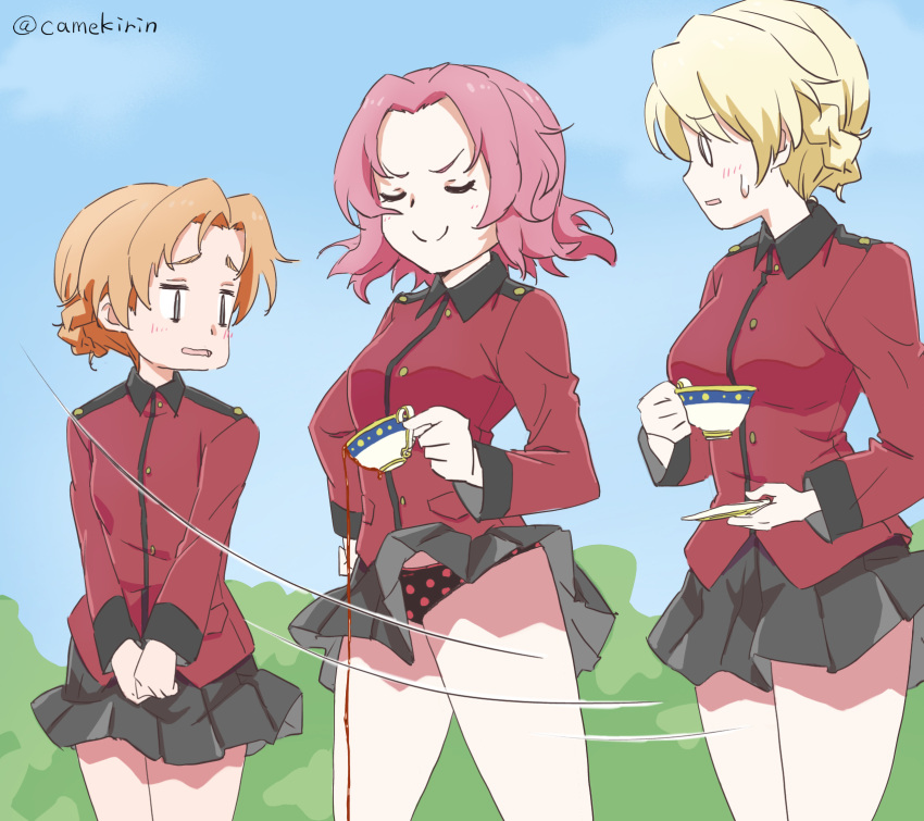 3girls, bangs, black_skirt, blonde_hair, braid, camekirin, closed_eyes, coat, cup, darjeeling_(girls_und_panzer), girls_und_panzer, highres, multiple_girls, open_mouth, orange_hair, orange_pekoe, panties, pantyshot, pleated_skirt, polka_dot, polka_dot_panties, red_coat, redhead, rosehip, short_hair, skirt, smile, spill, spilling, st._gloriana's_military_uniform, sweatdrop, tea, teacup, thighs, tied_hair, twitter_username, underwear, wind, wind_lift