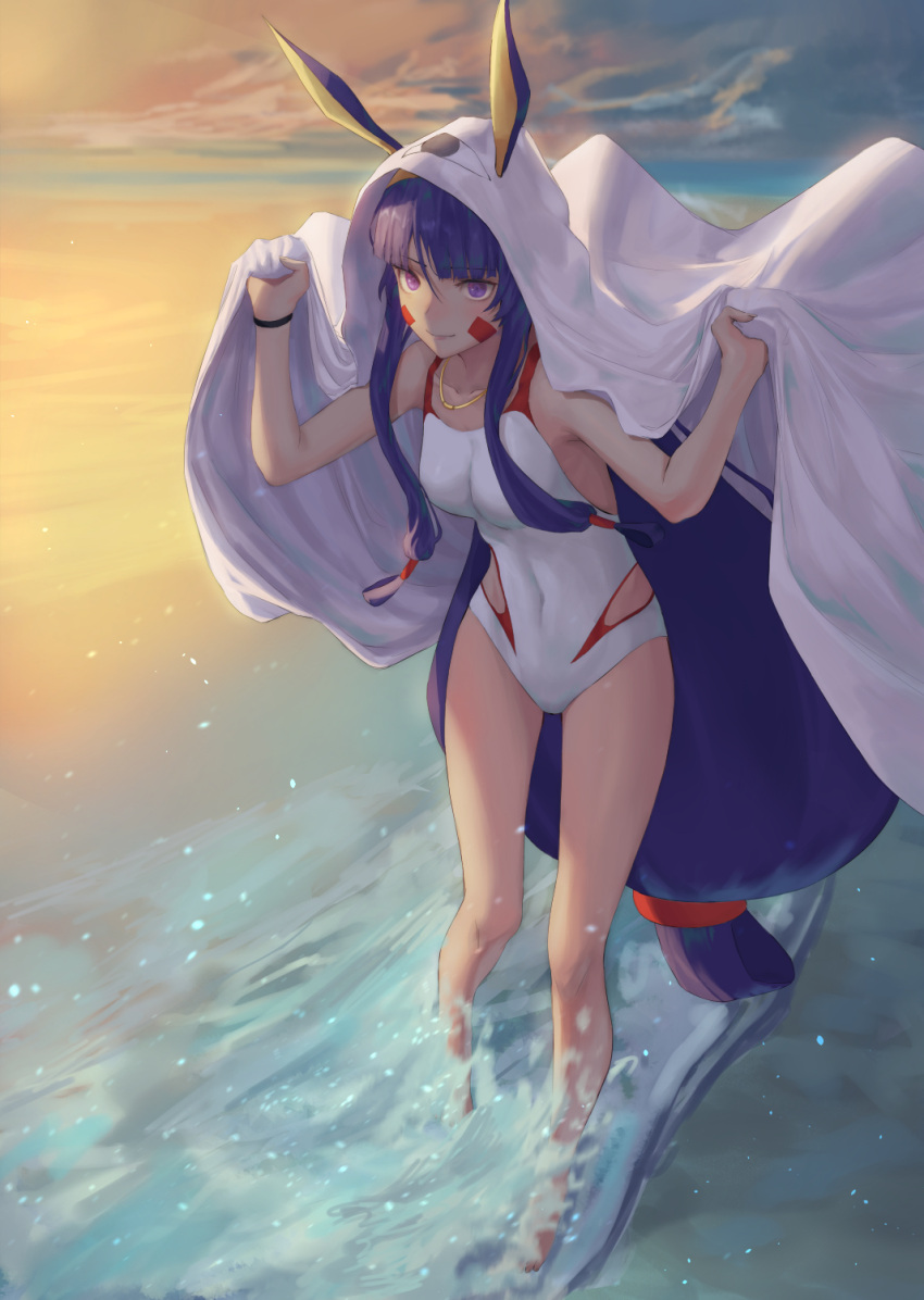 1girl, 7aehyun, animal_ears, arms_up, bangs, beach, breasts, casual_one-piece_swimsuit