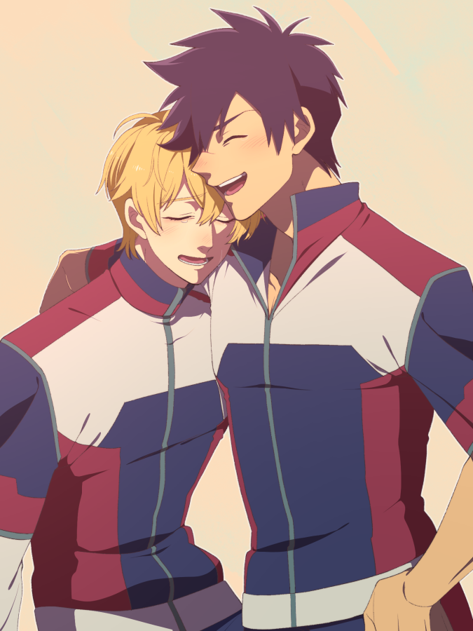 2boys, arm_around_shoulder, black_hair, blonde_hair, blush, charce_lacroix, closed_eyes, kanata_hoshijima