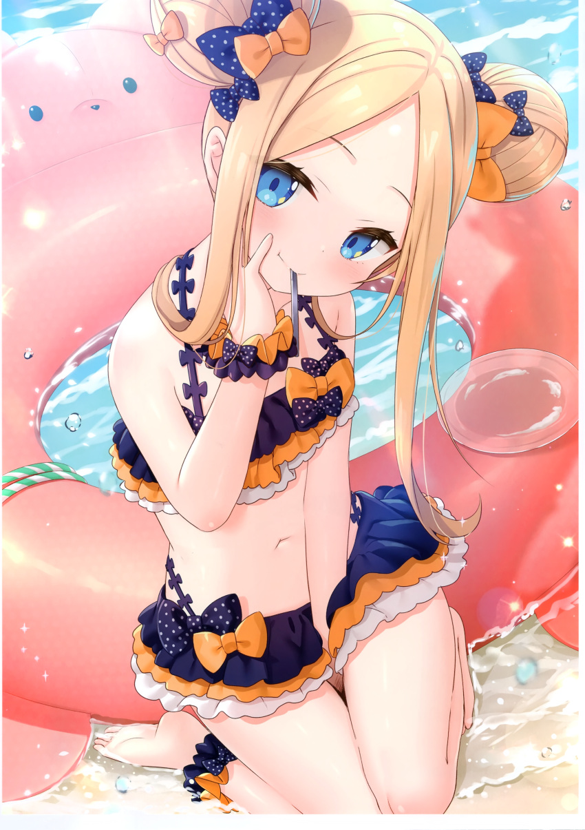 1girl, abigail_williams_(fate/grand_order), absurdres, bangs, bare_shoulders, barefoot, between_legs, bikini