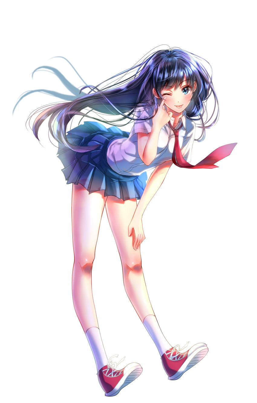 1girl, absurdres, akanbe, black_hair, blue_eyes, blue_skirt, blush, full_body