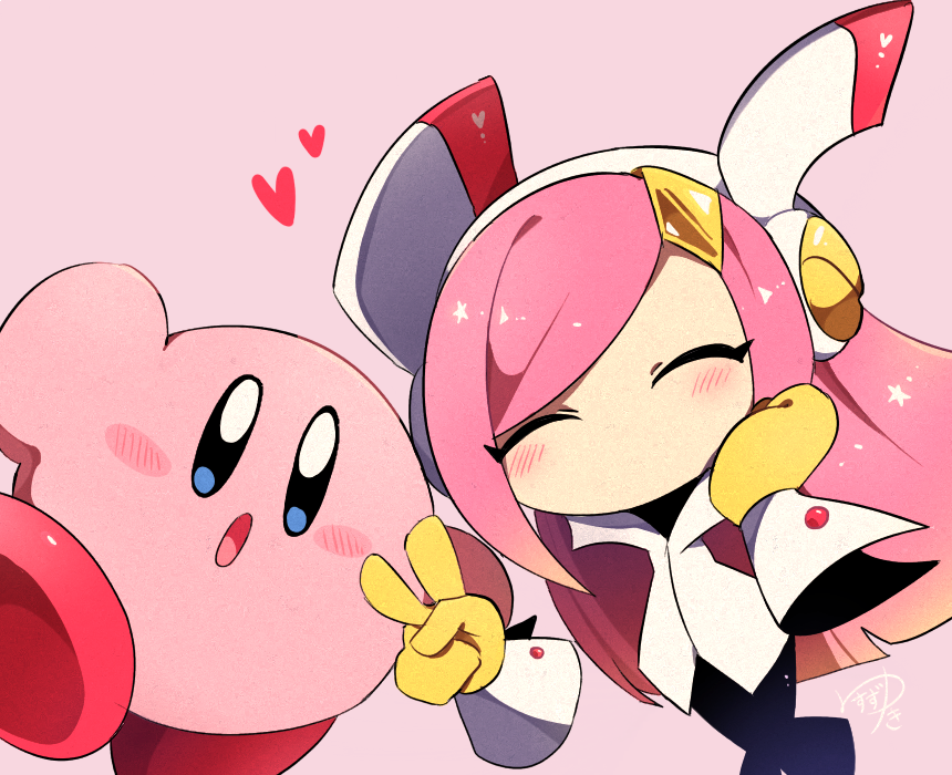 1girl, 1other, blush, closed_eyes, disembodied_hands, kirby, kirby_(series), pink_background