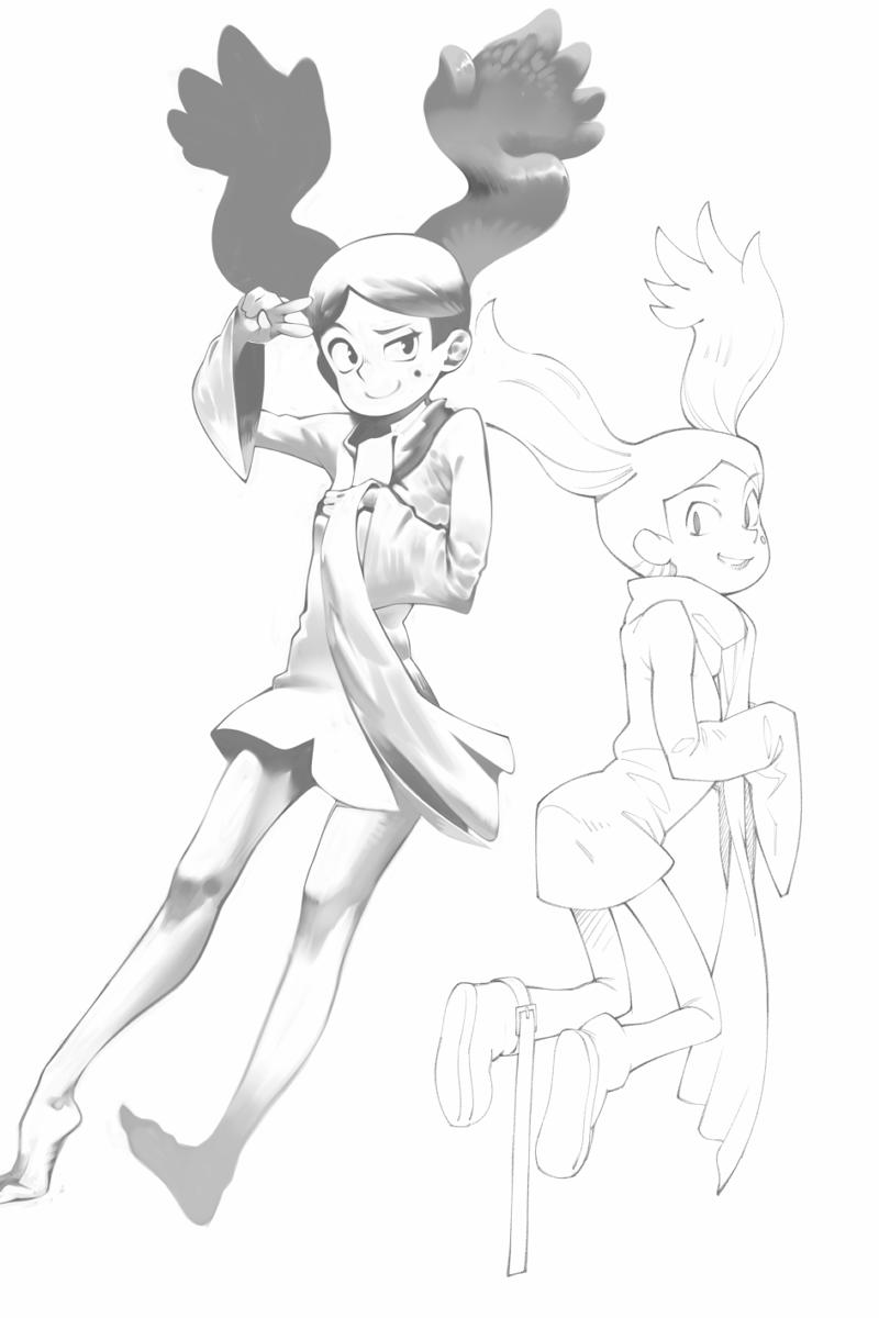 belt, dress, floating, greyscale, highres, hilda, levitation, long_sleeves