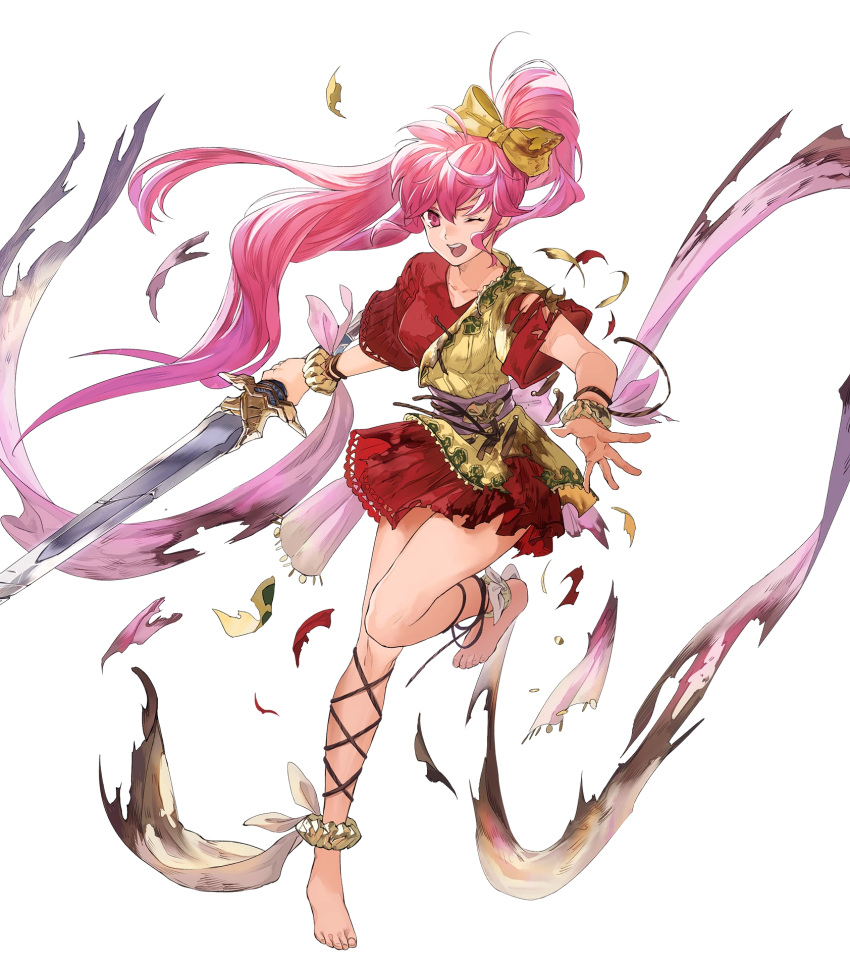1girl, barefoot, bow, collarbone, dress, fire_emblem, fire_emblem:_mystery_of_the_emblem, fire_emblem_heroes