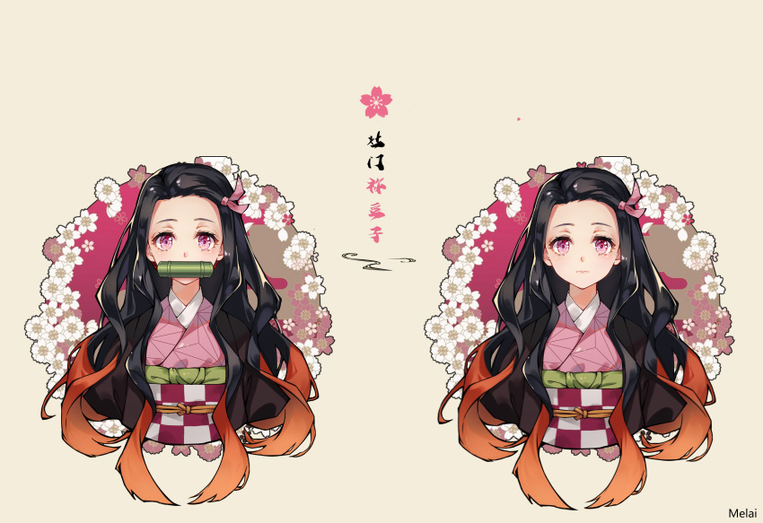 1girl, absurdres, artist_name, bamboo, bit_gag, black_hair, character_name, checkered_obi