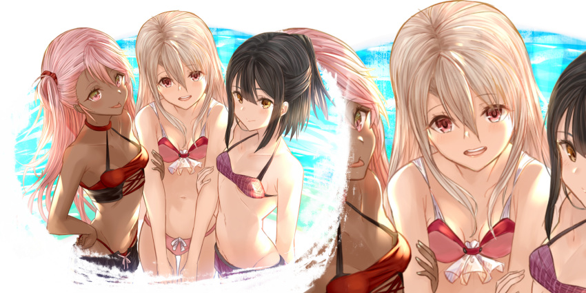 3girls, bangs, bare_shoulders, bikini, black_hair, blush, breasts, chloe_von_einzbern