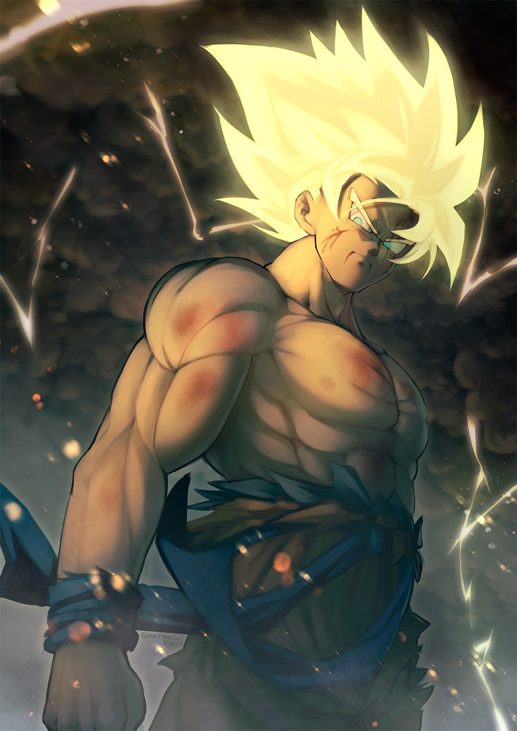 1boy, abs, aqua_eyes, arm_at_side, blonde_hair, blood, blood_from_mouth, blood_on_face