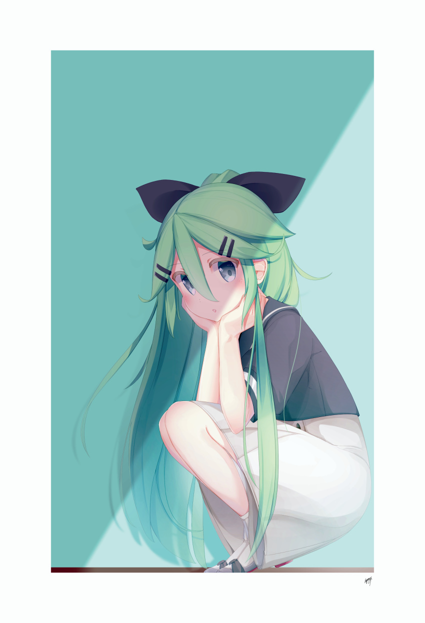 1girl, :o, absurdres, alternate_costume, bangs, blue_eyes, blush, chin_rest